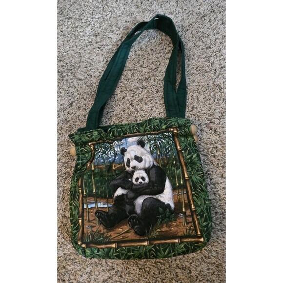 Vintage Panda Bears Handbag Wallet Set Of 2 Bamboo Leaves Green Cute Purse Tote - Picture 3 of 15